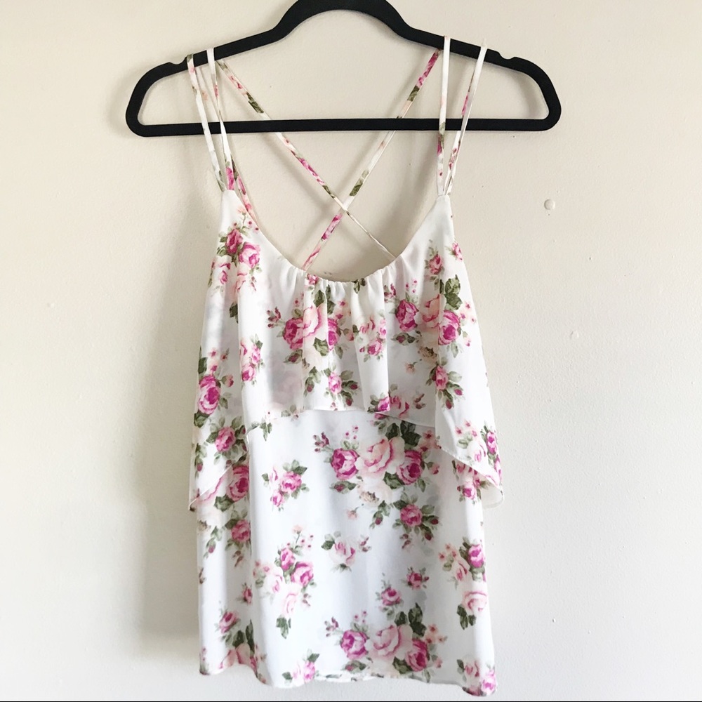 Forever 21 Small White Floral Thin Strapped Tank